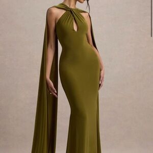 Club l London Rhoda GREEN TWIST HALTER-NECK CAPE MAXI DRESS